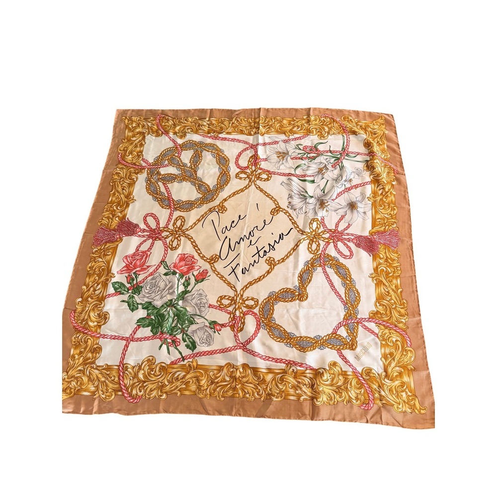 Moschino Silk Scarf Pace Amore e Fantasia Baroque Floral Gold Pink Square 35x35‎